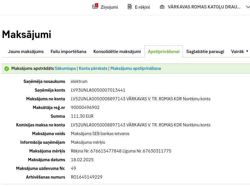 Rēķina apmaksa ar ID karti 2025. g. 18. februārī