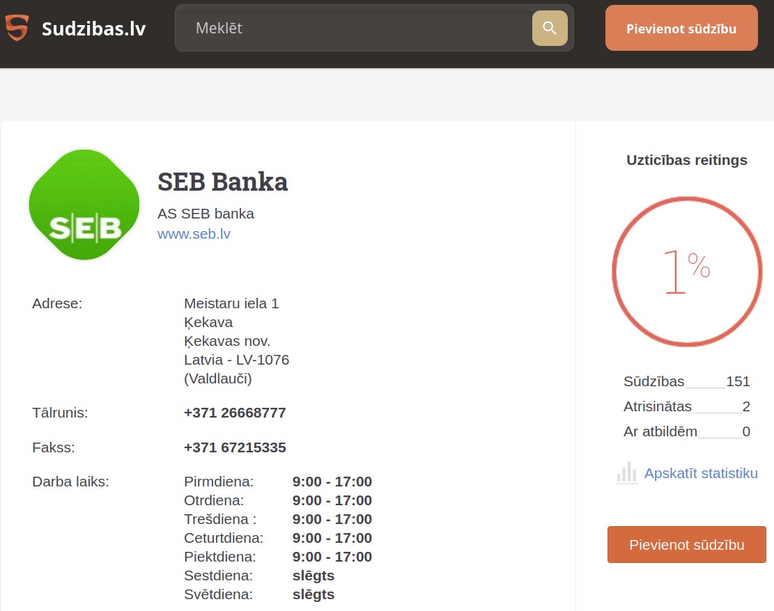 Uzticības reitings SEB bankai 1%